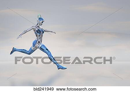 Female robot running and jumping View Large Photo Image Stock Photo - Female robot running and jumping. Fotosearch