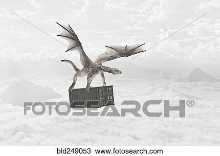 Stock Image - Flying dragon carrying cargo container in clouds. Fotosearch