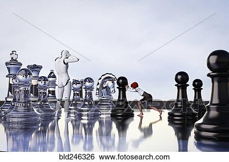 Stock Photograph - Frustrated robot watching girl playing chess with large pieces. Fotosearch