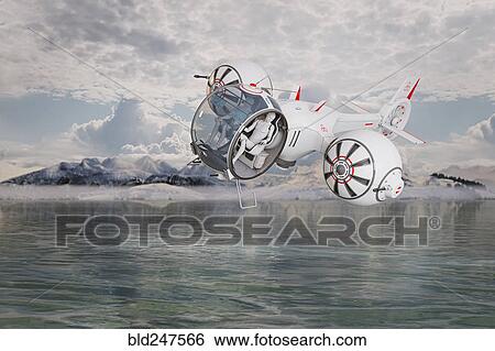 Stock Photograph - Futuristic airplane hovering over ocean. Fotosearch