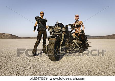Futuristic road warriors on motorcycle in desert View Large Photo Image Stock Photo - Futuristic road warriors on motorcycle in desert. Fotosearch