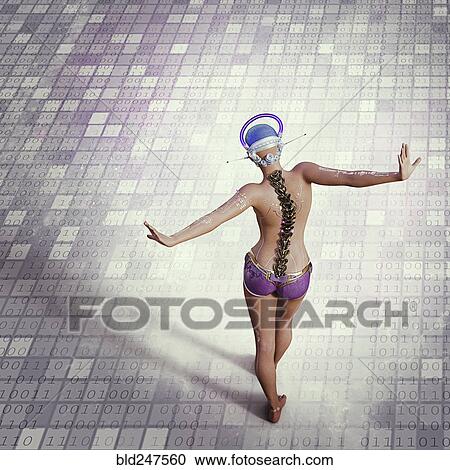 Stock Image - Futuristic woman balancing on binary code floor. Fotosearch