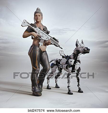 Futuristic woman carrying rifle with a robot dog View Large Photo Image Picture - Futuristic woman carrying rifle with a robot dog. Fotosearch