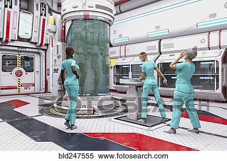 Futuristic women examining alien in laboratory View Large Photo Image Stock Photography - Futuristic women examining alien in laboratory. Fotosearch