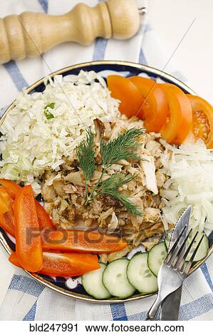 Garnish on meat and vegetable plate View Large Photo Image Stock Image - Garnish on meat and vegetable plate. Fotosearch