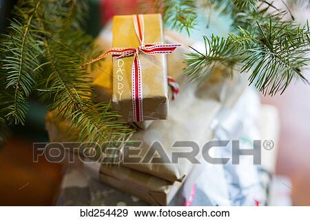 Stock Photo - Gift for daddy under Christmas tree. Fotosearch