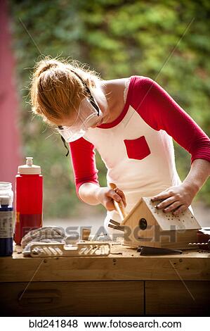 Girl hammering nails into birdhouse View Large Photo Image Stock Photo - Girl hammering nails into birdhouse. Fotosearch