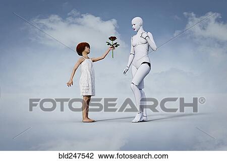 Girl offering flour to woman robot View Large Photo Image Stock Image - Girl offering flour to woman robot. Fotosearch