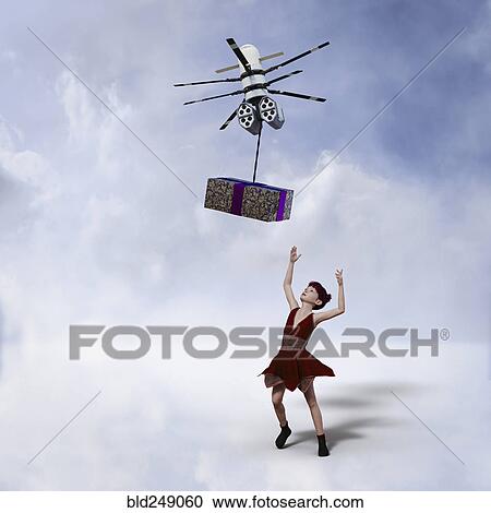 Girl reaching for gift delivered by drone View Large Photo Image Stock Image - Girl reaching for gift delivered by drone. Fotosearch