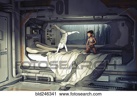 Stock Image - Girl watching robot do handstand on futuristic bed. Fotosearch
