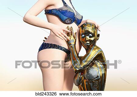 Stock Photograph - Gold female cyborg listening to belly of expectant mother. Fotosearch