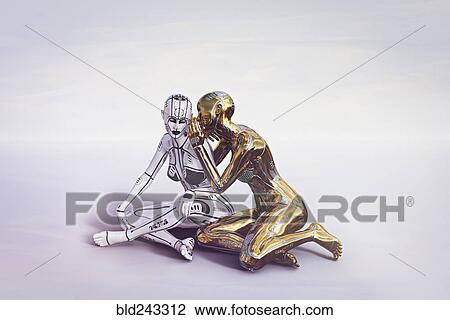 Gold female cyborg sitting and whispering to white cyborg View Large Photo Image Stock Image - Gold female cyborg sitting and whispering to white cyborg. Fotosearch