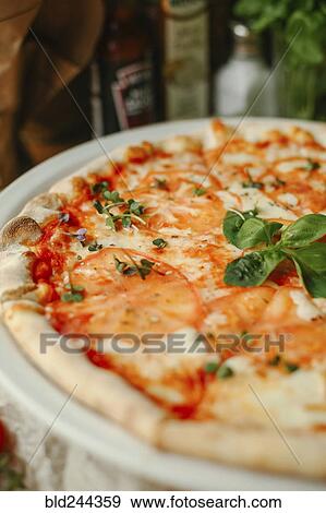 Gourmet pizza with basil on plate View Large Photo Image Stock Photo - Gourmet pizza with basil on plate. Fotosearch