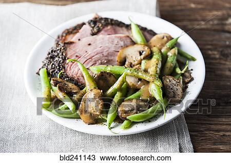 "Green beans, mushrooms and ham on plate" View Large Photo Image Stock Image - "Green beans, mushrooms and ham on plate". Fotosearch