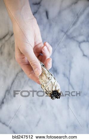 Stock Image - Hand of Caucasian woman holding a ritual incense. Fotosearch