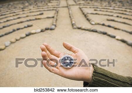 Stock Image - Hand of Mixed Race woman holding compass in maze. Fotosearch