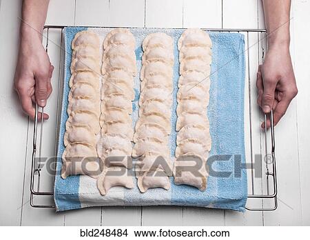 Picture - Hands holding rows of pierogies on towel. Fotosearch