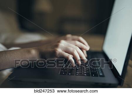 Hands of Caucasian woman typing on laptop in bed View Large Photo Image Stock Image - Hands of Caucasian woman typing on laptop in bed. Fotosearch