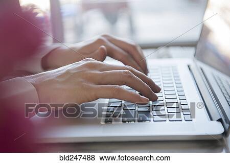 Stock Photo - Hands of Caucasian woman typing on laptop. Fotosearch