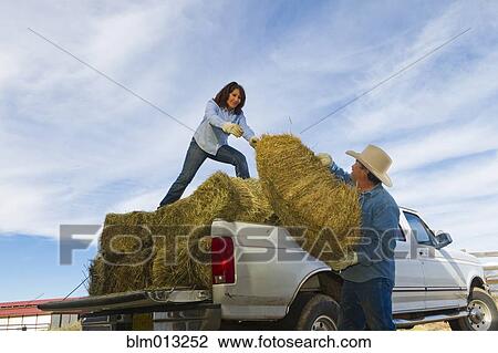 Stock Image - Hispanic couple loading hay onto truck. Fotosearch