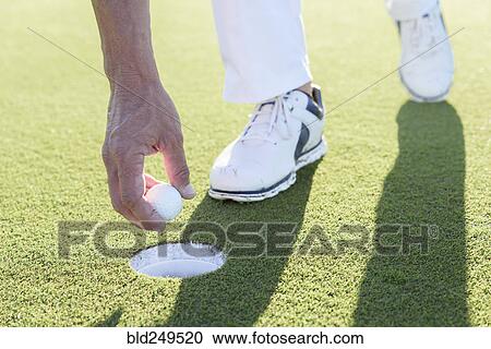 Stock Image - Hispanic man retrieving golf ball from hole on golf course. Fotosearch