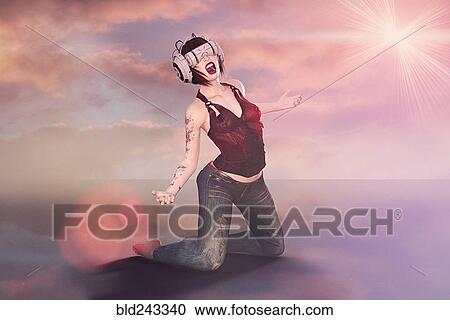 Kneeling woman wearing virtual reality helmet screaming View Large Photo Image Stock Image - Kneeling woman wearing virtual reality helmet screaming. Fotosearch