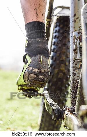 Stock Photograph - Leg of Caucasian man splattered in mud riding bicycle. Fotosearch