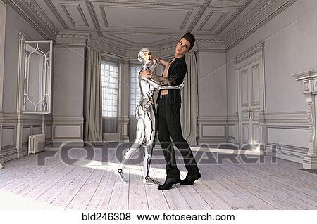 Stock Photo - Man dancing with woman robot. Fotosearch
