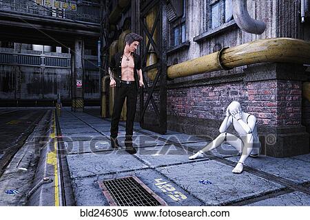 Stock Photography - Man looking at sad robot sitting on sidewalk in futuristic city. Fotosearch