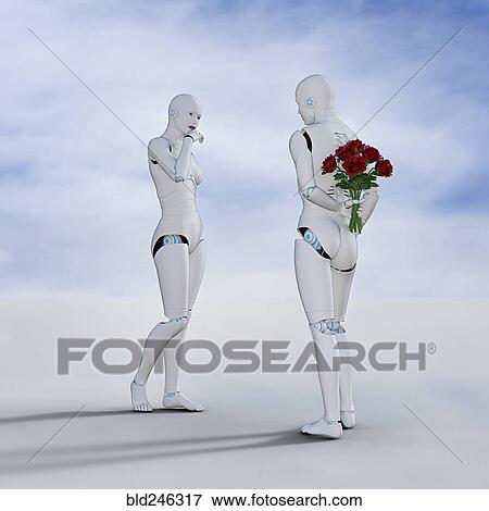 Stock Photo - Man robot surprising woman root with bouquet of roses. Fotosearch