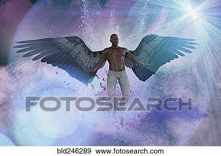 Man with angel wings flying in purple sky View Large Photo Image Stock Photo - Man with angel wings flying in purple sky. Fotosearch