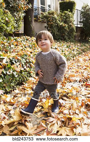Stock Image - Mixed Race boy walking in autumn leaves. Fotosearch