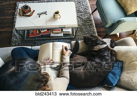 Mixed Race woman on sofa with dog writing in journal View Large Photo Image Stock Image - Mixed Race woman on sofa with dog writing in journal. Fotosearch