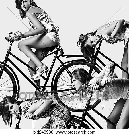 Stock Photograph - Multiple exposure of Caucasian girl riding bicycle. Fotosearch