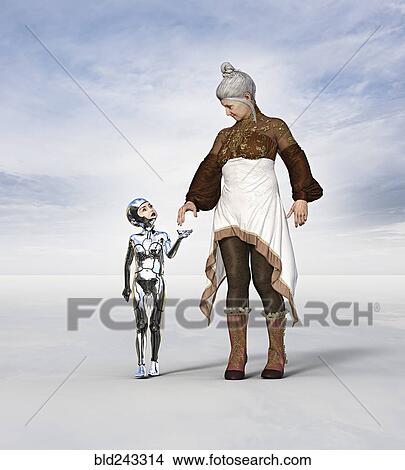 Picture - Older woman walking with female girl cyborg. Fotosearch