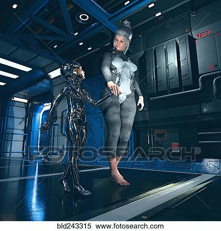 Stock Photography - Older woman walking with female girl cyborg. Fotosearch