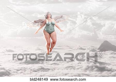 Stock Photo - Overweight angel flying in clouds. Fotosearch