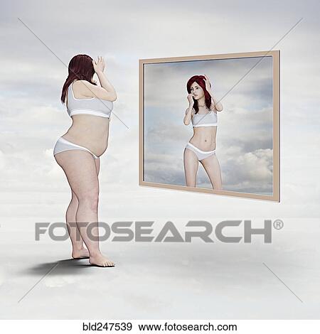 Stock Photo - Overweight woman and reflection of skinny woman in the mirror. Fotosearch