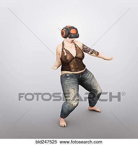 Stock Photography - Overweight woman using virtual reality helmet. Fotosearch