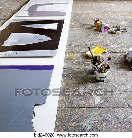 Paint supplies on floor of art studio View Large Photo Image Stock Photo - Paint supplies on floor of art studio. Fotosearch