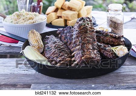 Pan of barbecue ribs on wooden table View Large Photo Image Stock Image - Pan of barbecue ribs on wooden table. Fotosearch