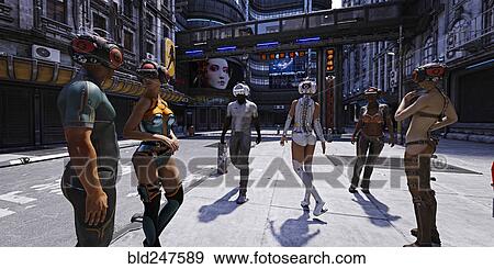 Stock Photo - People walking in city wearing futuristic virtual reality helmets. Fotosearch