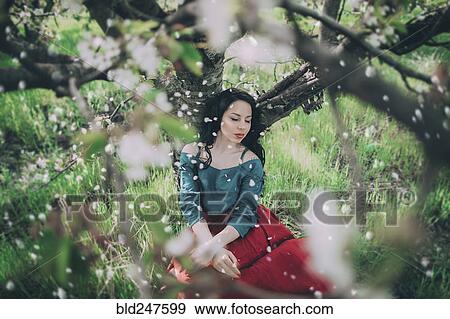 Petals falling from flowering tree on Caucasian woman View Large Photo Image Stock Photo - Petals falling from flowering tree on Caucasian woman. Fotosearch