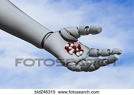 Pharmaceutical pills in hand of robot View Large Photo Image Stock Photography - Pharmaceutical pills in hand of robot. Fotosearch