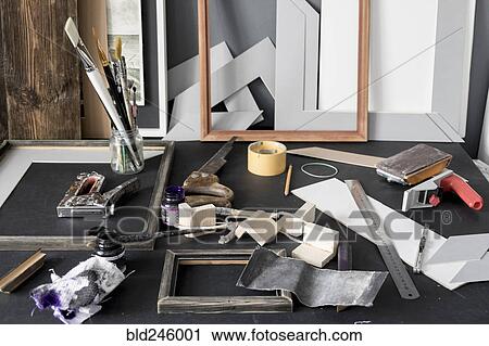 Picture frame and tools on tables View Large Photo Image Stock Image - Picture frame and tools on tables. Fotosearch