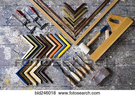 Picture frame tools on splattered table View Large Photo Image Stock Photo - Picture frame tools on splattered table. Fotosearch