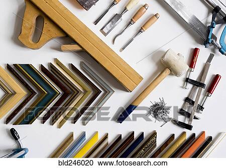 Picture frame tools on white table View Large Photo Image Stock Image - Picture frame tools on white table. Fotosearch