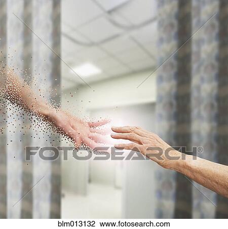 Stock Image - Pixilated hands reaching out toward each other. Fotosearch