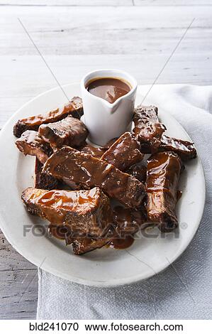 Plate of beef ribs and barbecue sauce View Large Photo Image Stock Image - Plate of beef ribs and barbecue sauce. Fotosearch