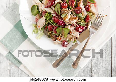 Plate of salad with chicken and cherry sauce View Large Photo Image Stock Photo - Plate of salad with chicken and cherry sauce. Fotosearch